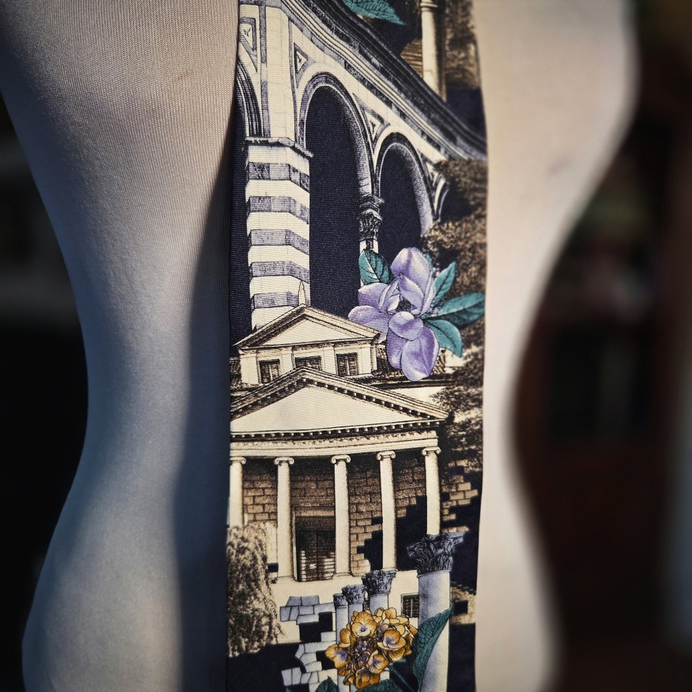 Structure Silk Tie Vintage 90s Roman Architecture Greek Temple Floral Navy Blue - Picture 2 of 5
